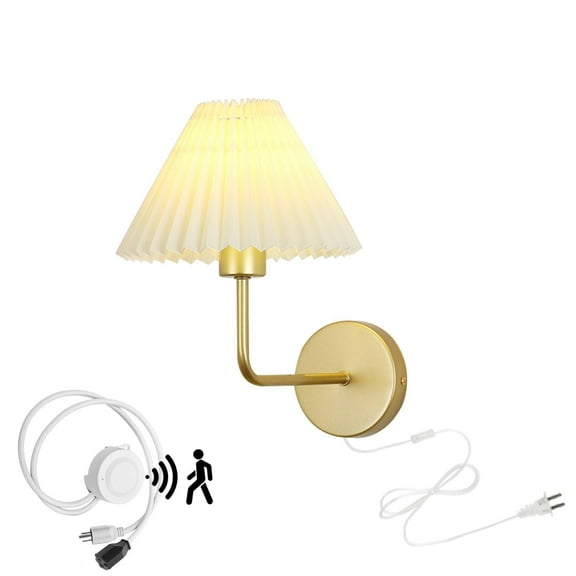 KAYYELAMP Detachable Motion Sensor Wall Light with Three Prong Plug, Gold Metal Pleated Cloth Shade Modern Wall Porch Lighting for Entrance Kitchen(No Bulb)
