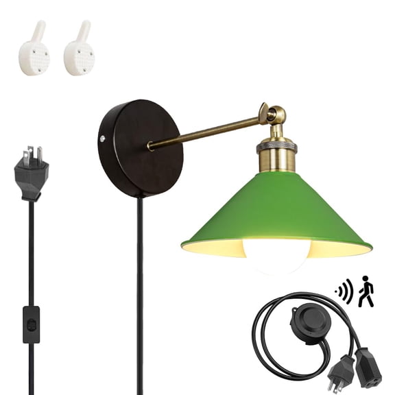 KAYYELAMP Detachable Motion Sensor Wall Light with Three Prong Plug, Green Shade Adjustable Angle Vintage Wall Porch Lighting for Entrance Kitchen(No Bulb)