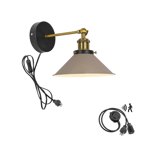 KAYYELAMP Detachable Motion Sensor Wall Light with Three Prong Plug, Khaki Metal Shade Adjustable Angle Wall Porch Lighting for Entrance Kitchen(No Bulb)