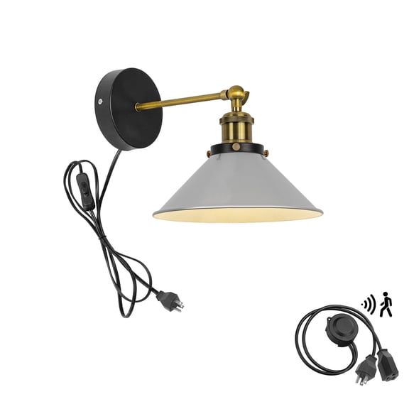 KAYYELAMP Detachable Motion Sensor Wall Light with Three Prong Plug, Silver Metal Shade Adjustable Angle Wall Porch Lighting for Entrance Kitchen(No Bulb)