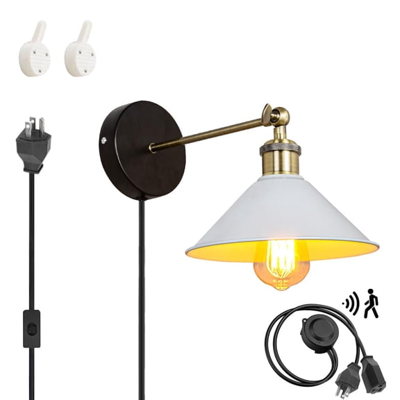 KAYYELAMP Detachable Motion Sensor Wall Light with Three Prong Plug, White Shade Adjustable Angle Vintage Wall Porch Lighting for Entrance Kitchen(No Bulb)