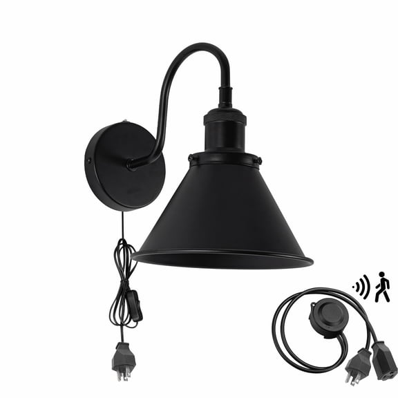 KAYYELAMP Detachable Motion Sensor Wall Light with Three Prong Plug, Black Metal Wall Porch Lighting for Entrance Kitchen(No Bulb)