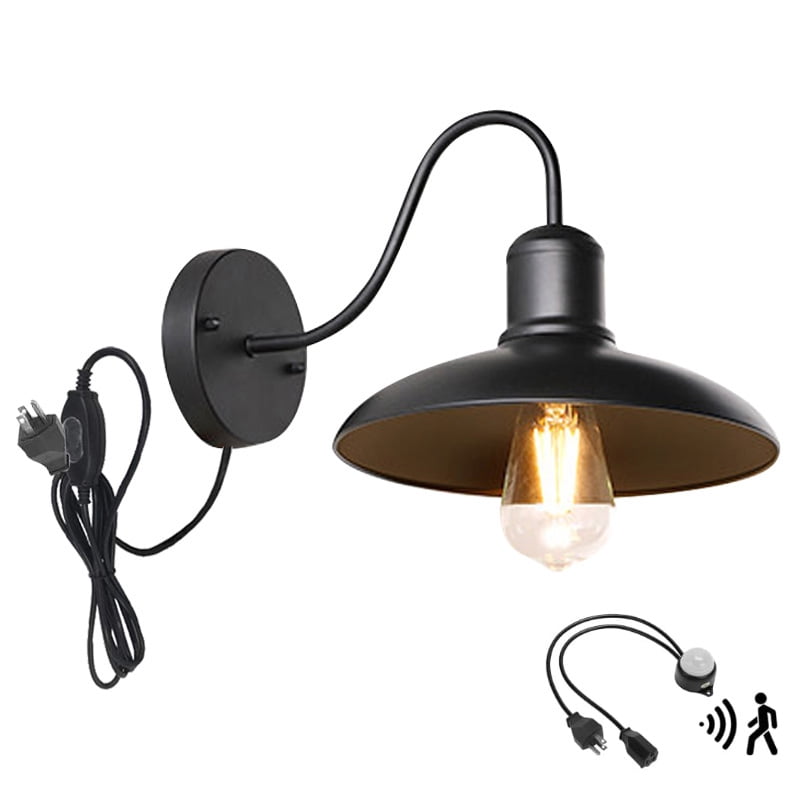 KAYYELAMP Detachable Motion Sensor Waterproof Patio Wall Light with Three Prong Plug, Black Metal Outdoor Wall Lamp for Entrance Kitchen(No Bulb)