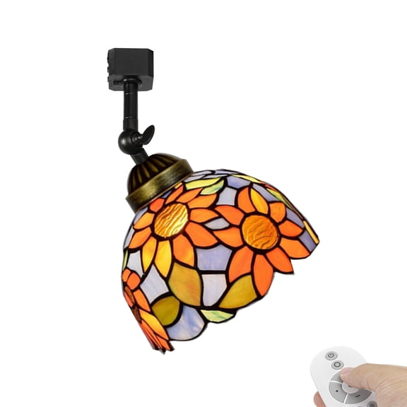 KAYYELAMP Dimmable J-Type Track Head Lighting Adjustable Angle Tiffany Ceiling Light Colorful Glass Sunflowers Pattern Shade Handmade Track Light Fixture For Gallery Mirror Front(No Track)