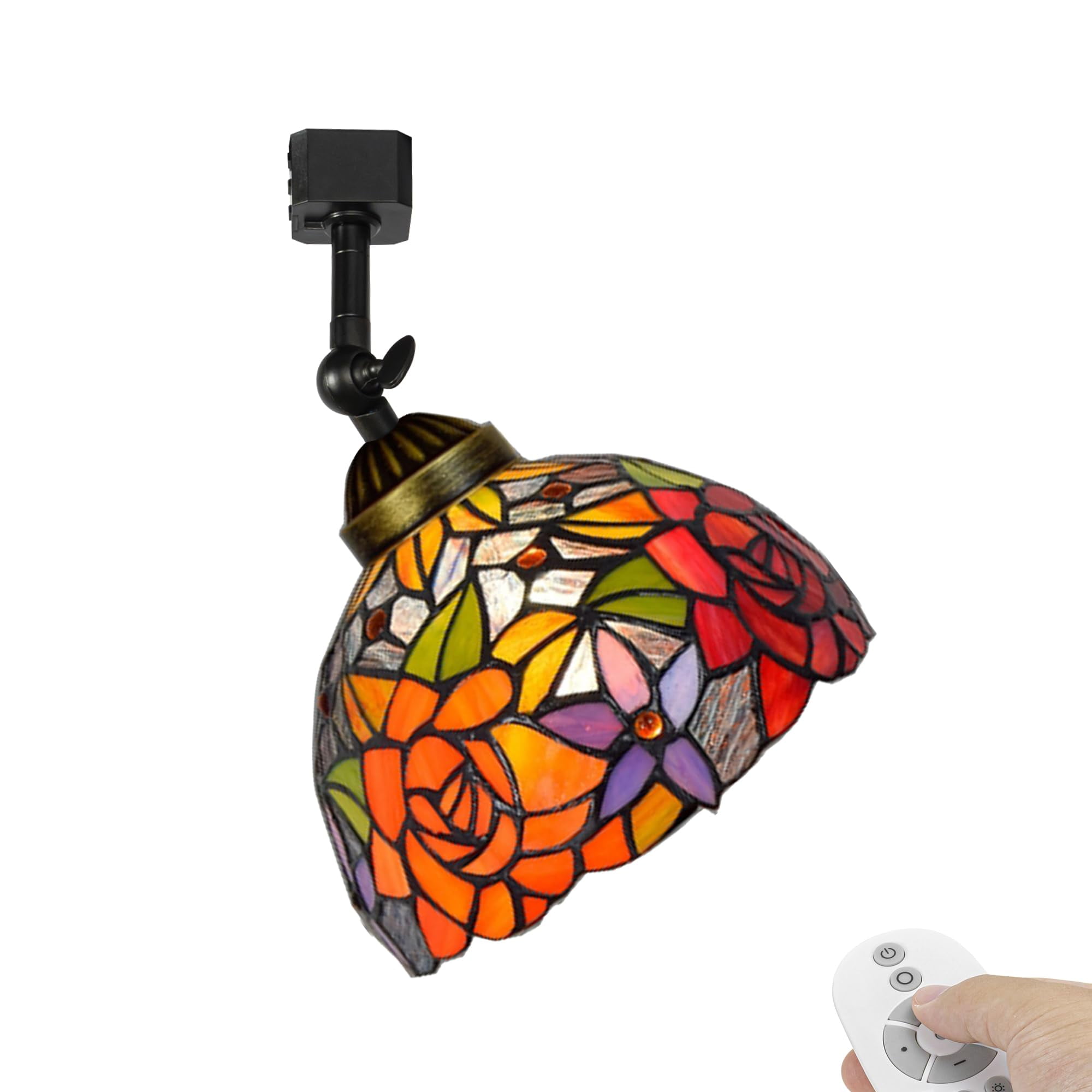 KAYYELAMP Dimmable J-Type Track Head Lighting Adjustable Angle Tiffany Ceiling Light Colorful Rose Pattern Glass Shade Handmade Track Light Fixture For Gallery Mirror Front(No Track)