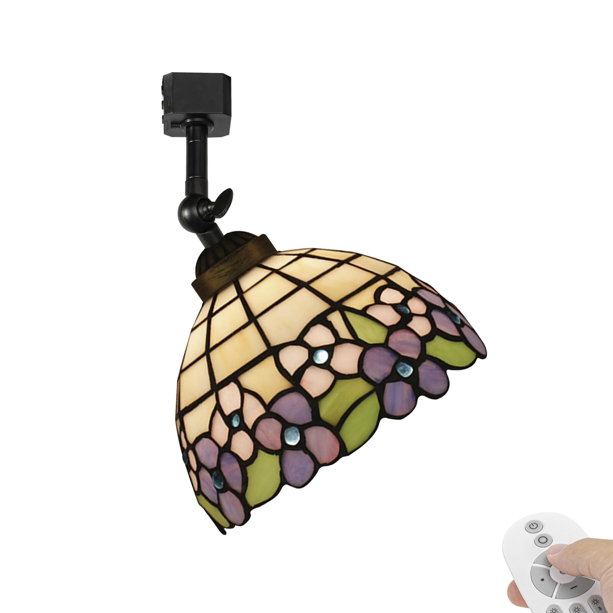 KAYYELAMP Dimmable J-Type Track Head Lighting Adjustable Angle Tiffany Ceiling Light Purple Flower Pattern Glass Handmade Antique Track Light Fixture For Gallery Mirror Front(No Track)