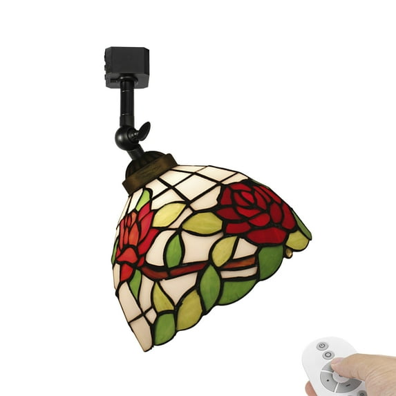 KAYYELAMP Dimmable J-Type Track Head Lighting Adjustable Angle Tiffany Ceiling Light Red Rose/Leaf Glass Shade Handmade Track Light Fixture For Gallery Mirror Front(No Track)