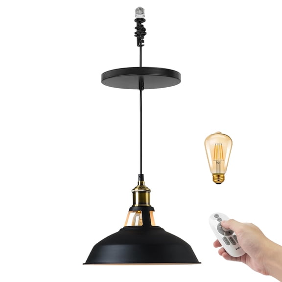 KAYYELAMP E26 Base Hanging Light with Remote Control Black Metal Shade Adjustable Height Droplight Dimmable Color Changing Timer Pendant Light for Kitchen Island Bar Sink Office,Customizable - 1 Pack