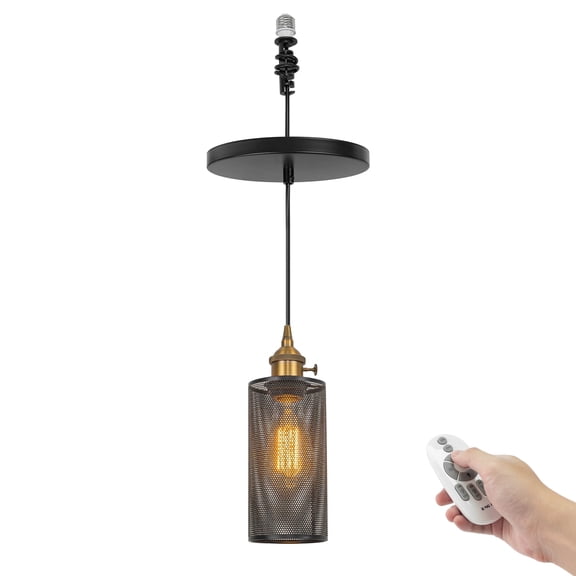 KAYYELAMP E26 Hanging Light, Remote Control Columnar Hollow Cage Black Metal Shade Adjustable Height 4"-6" Recessed Light Conversion Kit to Screw-in Pendants for Bar Sink,Customizable