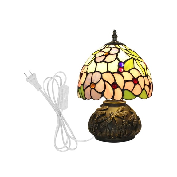 KAYYELAMP Flowers Pattern Handmade Colored Glass Desk Lamp with Black Cord 5.9Ft Length Vintage Style for Reading Room Bedsides Sofa-Side Cafe(No Bulb)