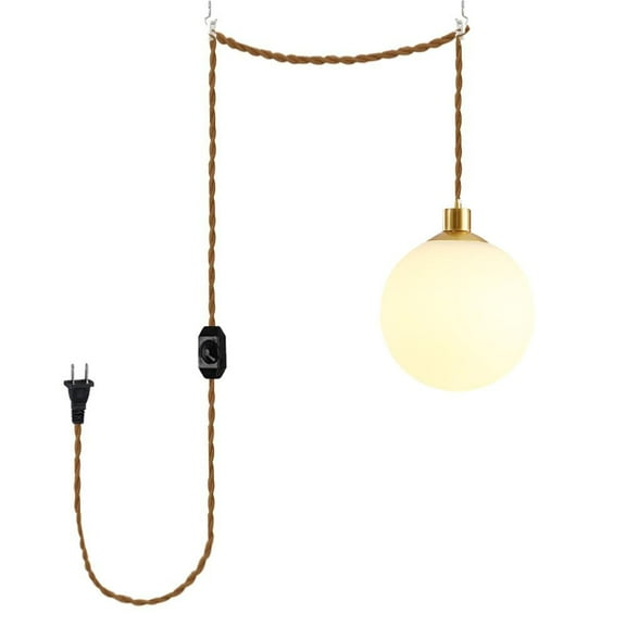 KAYYELAMP Gold with Dia 7.8" White Ball Glass Shade 15Ft Dimmable Plug Cable Hanging Lamp Vintage Pendant Light for Home Kitchen Farmhouse(No Bulb)