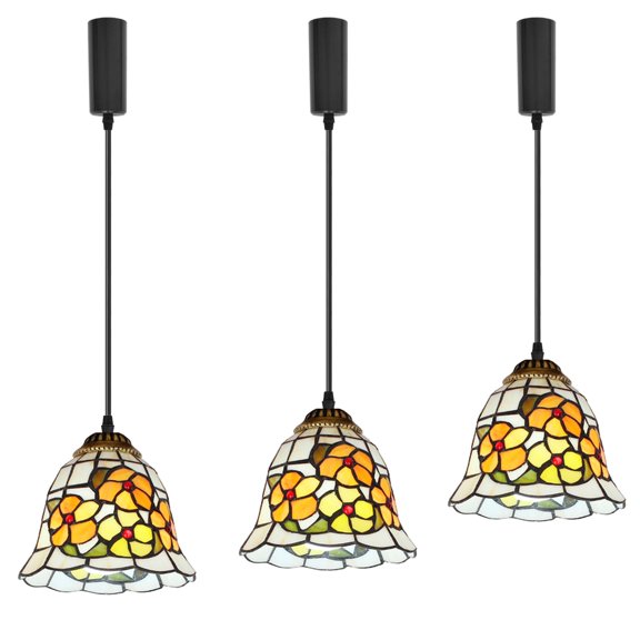 KAYYELAMP H-Type Track Flowers Pattern Glass Shade Handmade Tiffany Pendant Light 3.9Ft Adjusted Cord Antique Droplight For Loft Kitchen Restaurant 3-Pack(No Bulb, Track)