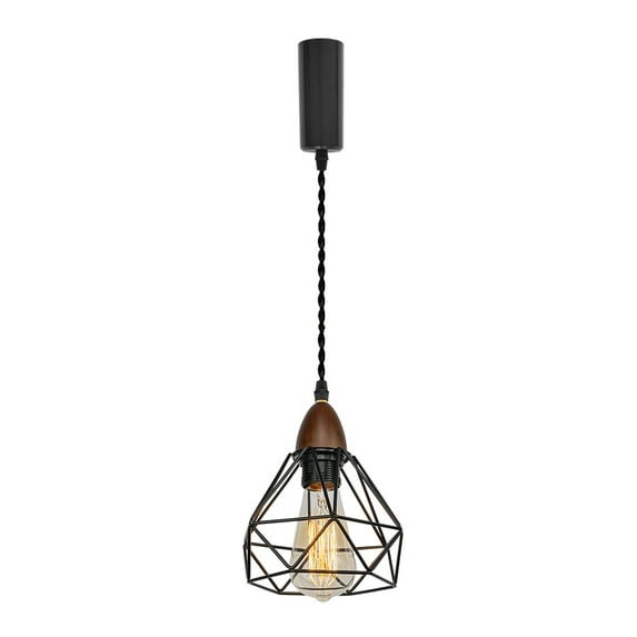KAYYELAMP H-Type Track Lamp Black Metal Cage Shade,Walnut Base E26 Connection,Adjusted Cord,Track Pendant Light for Kitchen Dining Table Loft,(No Bulb, Track)