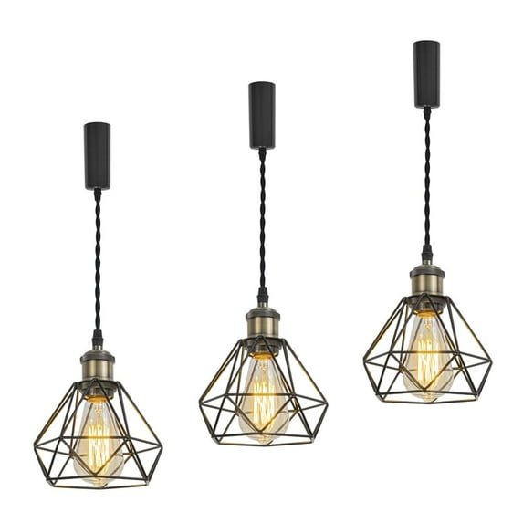 KAYYELAMP H-Type Track Lamp Bronze Base with Metal Diamond Shape Hollow Shade Adjusted Cord Track Pendant Light Set Three for Kitchen Dining Table Loft(No Bulb, Track)