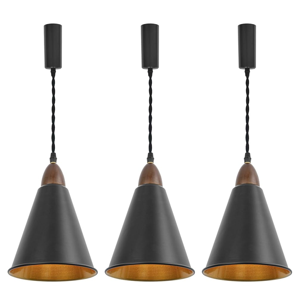 KAYYELAMP H-Type Track Lamp E26 Walnut Base Black Outer Gold Inner Cone Shade 3.2 Ft Adjusted Cord Vintage Track Pendant Light for Home Kitchen Farmhouse Set Three(No Bulb, Track)