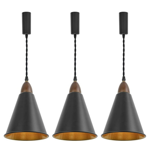 KAYYELAMP H-Type Track Lamp E26 Walnut Base Black Outer Gold Inner Cone Shade 3.2 Ft Adjusted Cord Vintage Track Pendant Light for Home Kitchen Farmhouse Set Three(No Bulb, Track)