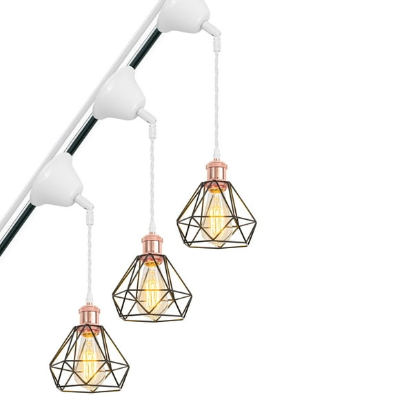 KAYYELAMP H-Type Track Lamp Rose Gold Base with Metal Diamond Shape Hollow Shade Adjusted Cord Track Pendant Light Set Three for Inclined Position Roof Room(No Bulb, Track)