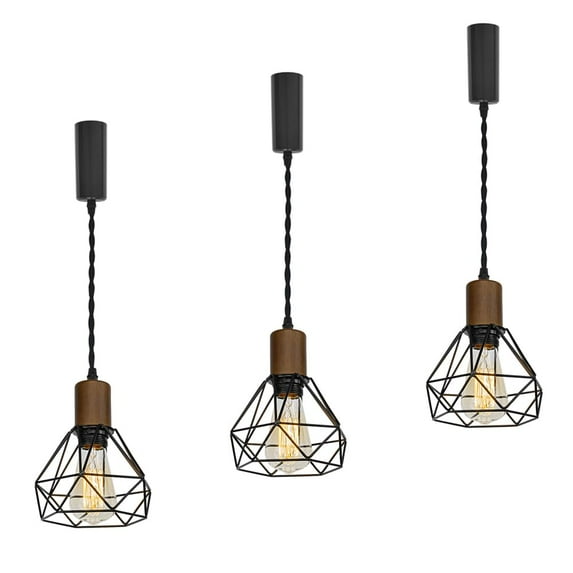 KAYYELAMP H-Type Track Lamp Walnut Base Metal Hollowing Shade Adjusted Cord Vintage Track Pendant Light Set Three for Kitchen Dining Table Bar(No Bulb, Track)