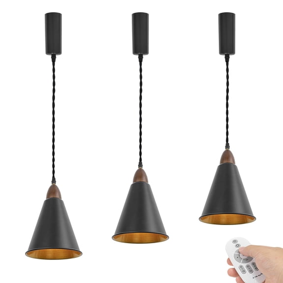 KAYYELAMP H-Type Track Light Adjustable Cord Dimming Timing Pendant Black Metal Cone Inner Gold Shade Walnut E26 Base Vintage Design for Kitchen Bar Loft 3Pcs(No Track)
