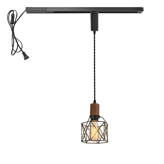 KAYYELAMP H-Type Track Light Set 1 Track Rail with Plug Outlet Cable, 1 Track Pendant 3.2 Ft Adjusted Cord Walnut Base Black Metal Cage Shade Vintage Design for Kitchen Loft(No Bulb)
