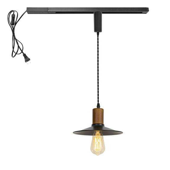 KAYYELAMP H-Type Track Lighting Set 1 Track Rail with Plug Outlet Cable, 1 Track Pendant 3.2 Ft Adjusted Cord Wood Black Metal Shade Vintage Design for Kitchen Loft(No Bulb)