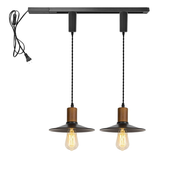 KAYYELAMP H-Type Track Lighting Set 1 Track Rail with Plug Outlet Cable, 2 Track Pendant 3.2 Ft Adjusted Cord Wood Black Metal Shade Vintage Design for Kitchen Loft(No Bulb)