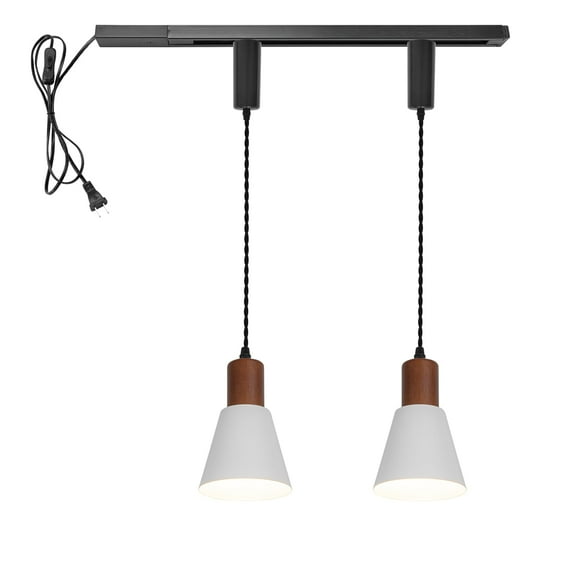 KAYYELAMP H-Type Track Lighting Set 1 Track Rail with Plug Outlet Cable, 2 Track Pendant 3.2 Ft Adjusted Cord Wood White Metal Shade Vintage Design for Kitchen Home Loft(No Bulb)