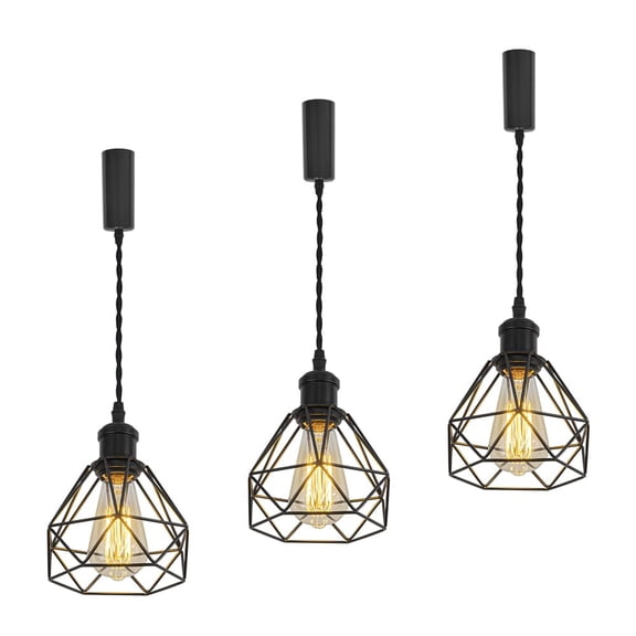 KAYYELAMP H-Type Track Matt Black Base with Metal Diamond Shape Hollow Shade Adjusted Cord Track Pendant Light Set Three for Kitchen Dining Table Loft(No Bulb, Track)