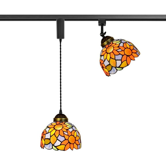 KAYYELAMP H-Type Track Mount 1Pcs 3.9Ft Adjustable Cord Pendant Light, 1Pcs Adjusted Angle Track Lamp Sunflowers Pattern Colorful Glass Tiffany Style For Home Office(No Bulb, Track)