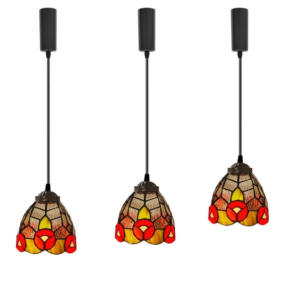 KAYYELAMP H-Type Track Red & Yellow Handmade Glass Shade Tiffany Pendant Light 3.9Ft Adjusted Cord Antique Droplight For Loft Kitchen Store 3-Pack(No Bulb, Track)