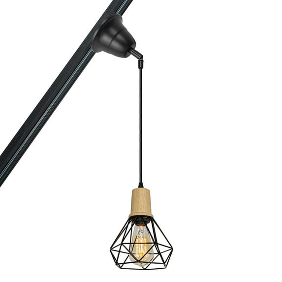KAYYELAMP H-type Track Pendant Light Wood Base Black Metal Cage Shade Adjusted Cord Track Pendant Light for Inclined Position Roof Room(No Bulb, Track)