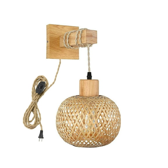 KAYYELAMP Hand-Woven Bamboo Wall Sconce 9.8Feet Plug in Hemp Dimmer Cord Retro Design for Loft Living Room Bedroom Farmhouse