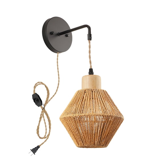 KAYYELAMP Hand-Woven Rattan 9.8Feet Plug in Dimmer Cord Adjustable Vintage Wall Sconce Creative Design for Loft Living Room Bedroom Farmhouse