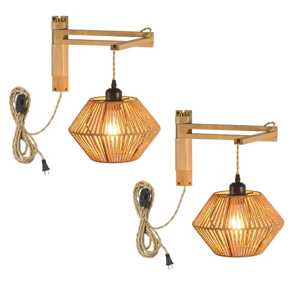 KAYYELAMP Hand-Woven Rattan, Metal, Wood Wall Sconce 9.8Feet Plug in Hemp Dimmer Cord Adjustable Retro Design for Loft Living Room Bedroom Farmhouse Set Two