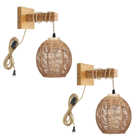 KAYYELAMP Hand-Woven Rattan Wall Sconce 9.8Feet Plug in Hemp Dimmer Cord Adjustable Retro Design for Loft Living Room Bedroom Farmhouse Set Two