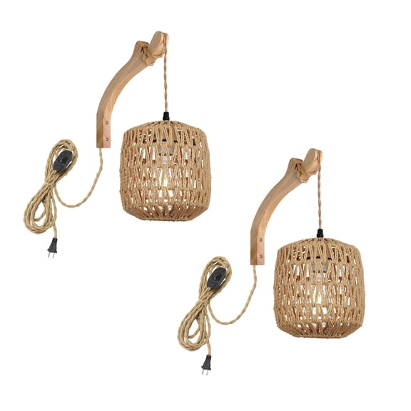 KAYYELAMP Handmade Rattan Lantern Shape Wall Sconce 9.8Feet Plug in Hemp Dimmer Cord Retro Design for Loft Living Room Bedroom Farmhouse Set Two