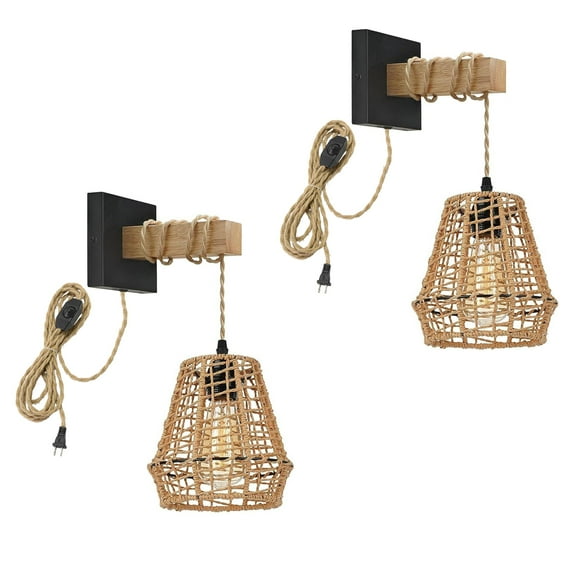 KAYYELAMP Handmade Rattan Wall Sconce 9.8Feet Plug in Hemp Dimmer Cord Industrial Style for Loft Living Room Bedroom Farmhouse Set Two
