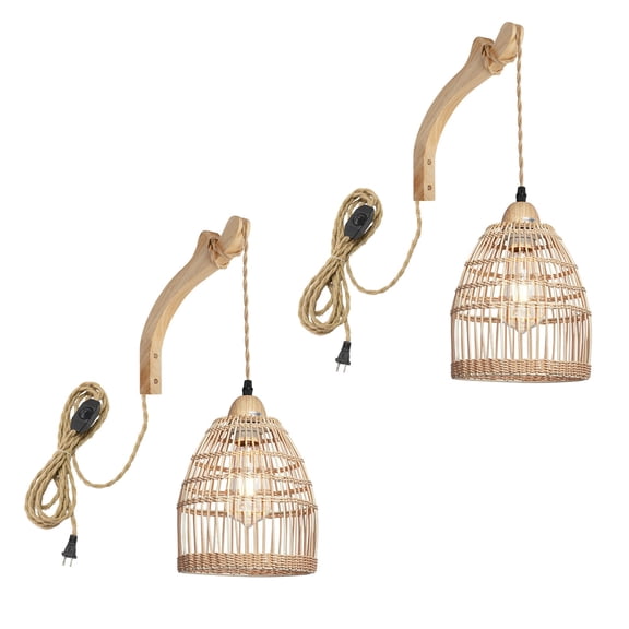 KAYYELAMP Handmade Rattan Wall Sconce 9.8Feet Plug in Hemp Dimmer Cord Retro Design for Living Room Bedroom Loft Farmhouse Set Two