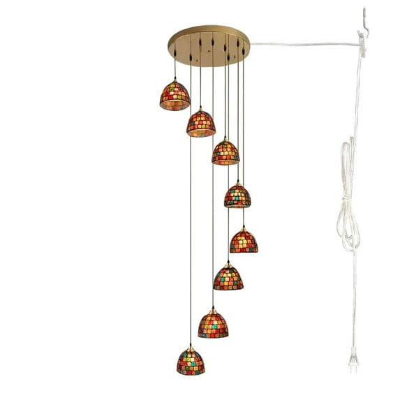 KAYYELAMP Handmade Stained Glass 8-Light Adjusted Height Chandelier with Plug-in Cord 15ft No Hardwiring Required Vintage Dimmable Ceiling Lamp Fixture for Living Room Dining Room Entrance Foyer