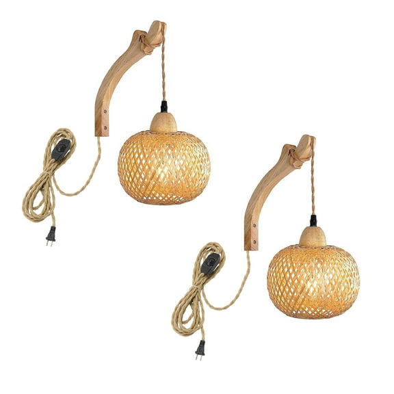 KAYYELAMP Handmade Woven Bamboo Lantern Shape Wall Sconce 9.8Feet Plug in Hemp Dimmer Cord Retro Design for Living Room Bedroom Farmhouse Set Two