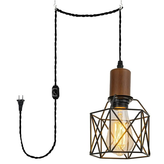 KAYYELAMP Hanging Light Walnut Base Black Cage Hollow Shade 15 Feet Plug in Cord Dimmable Pendant Lamp Vintage Design for Kitchen Sink Dining Table Loft Bar(No Bulb)