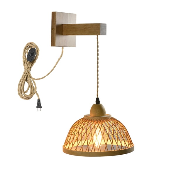 KAYYELAMP Hollow Bamboo Retro Wall Sconce 9.8Feet Plug in Hemp Dimmer Cord Adjustable Vintage Design for Loft Living Room Bedroom Farmhouse