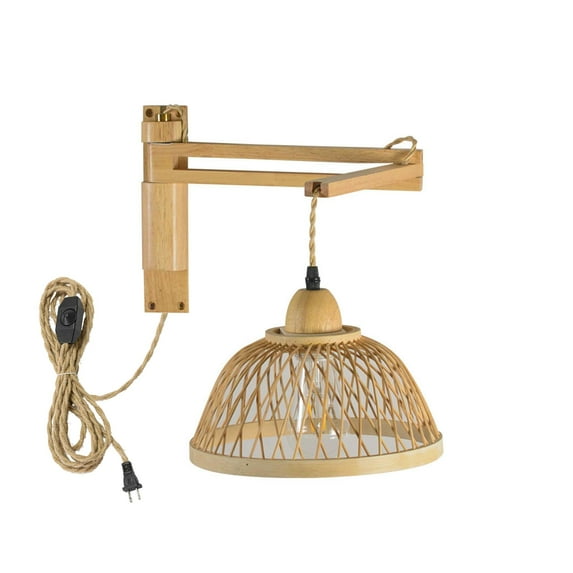 KAYYELAMP Hollow Bamboo Simple Wall Sconce 9.8Feet Plug in Hemp Dimmer Cord Adjustable Degree Vintage Design for Loft Living Room Bedroom Farmhouse