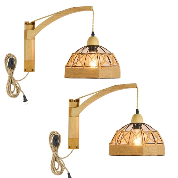 KAYYELAMP Hollow Rattan, Metal, Wood Retro Wall Sconce 9.8Feet Plug in Hemp Dimmer Cord Adjustable Degree Creative Design for Loft Living Room Bedroom Farmhouse Set Two
