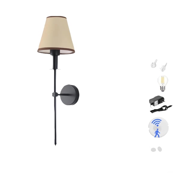 KAYYELAMP Industrial Style Wall Sconce with Wireless Motion Sensor, Black & Linen Fabric Shade LED Wall Light, Rechargeable Battery Operated, for Bedroom Bedside Study Living Room