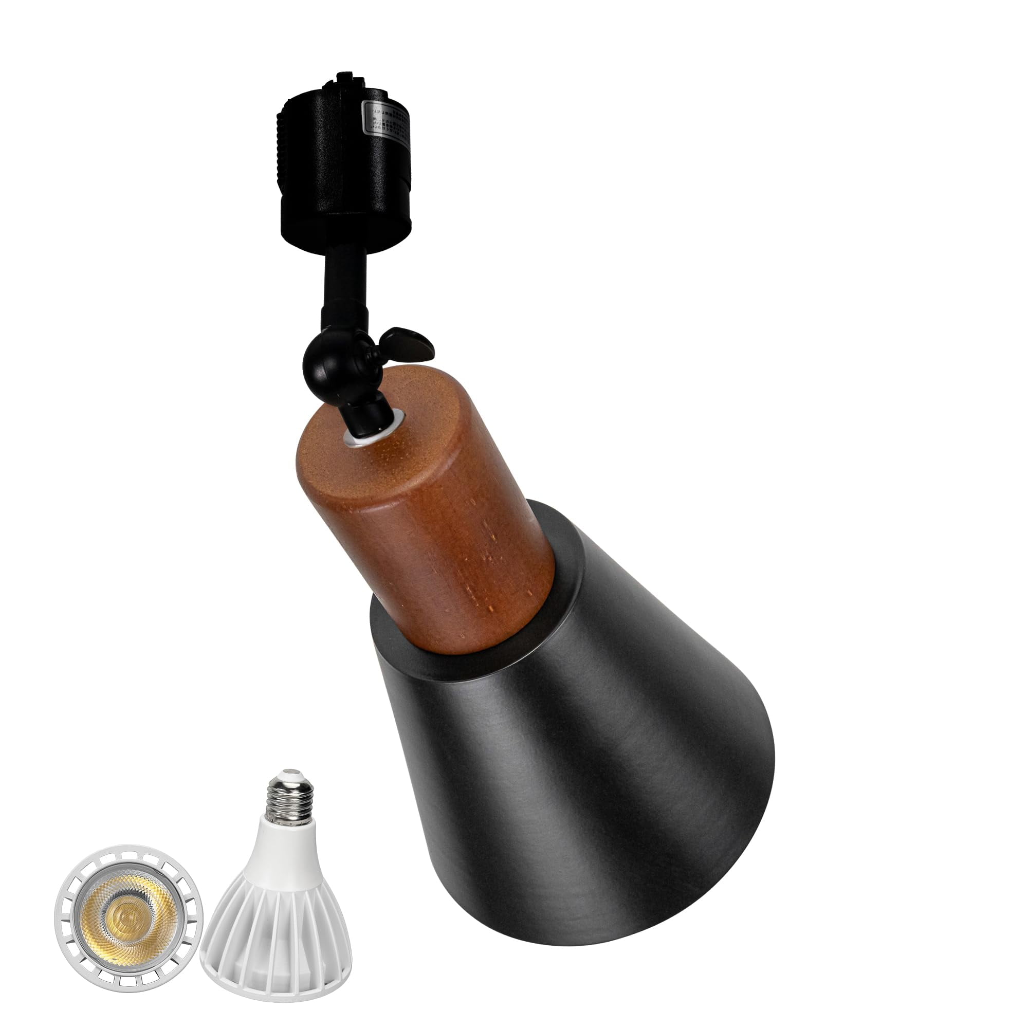 KAYYELAMP J System Adjustable Titl Angle Track Lighting Full Spectrum 6000K 25W Bulb Walnut Base Black Metal Shade Vintage Design for Farmhouse Kitchen Plant Rooms