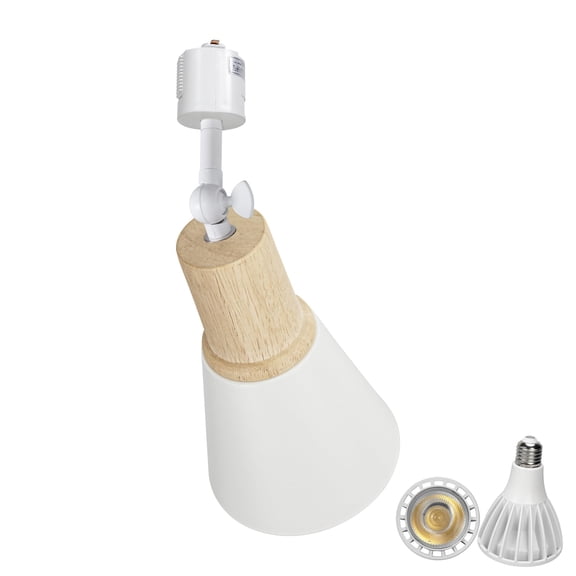 KAYYELAMP J System Adjustable Titl Angle Track Lighting Full Spectrum 6000K 25W Bulb Wood Base White Metal Shade Vintage Design for Farmhouse Kitchen Plant Rooms