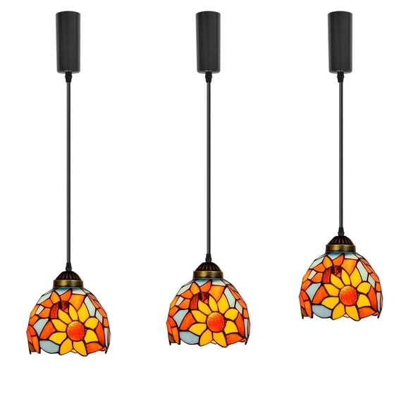 KAYYELAMP J-Type Track Colorful Glass Sunflowers Lampshade Handmade Tiffany Pendant Light 3.9Ft Adjusted Cord Antique Droplight For Kitchen Restaurant 3-Pack(No Bulb, Track)