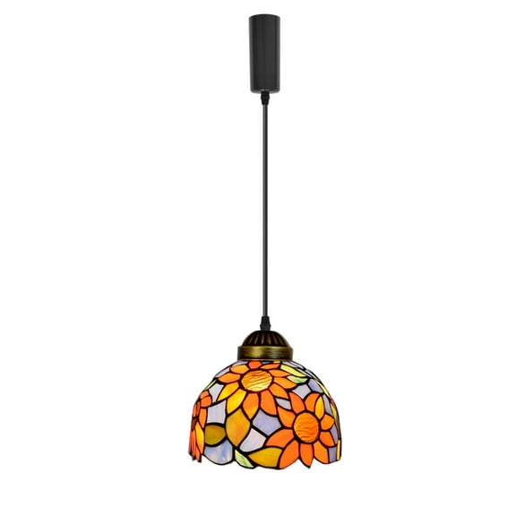 KAYYELAMP J-Type Track Colorful Glass Sunflowers Pattern Shade Handmade Tiffany Pendant Light 3.9Ft Adjusted Cord Antique Droplight For Kitchen Restaurant(No Bulb, Track)