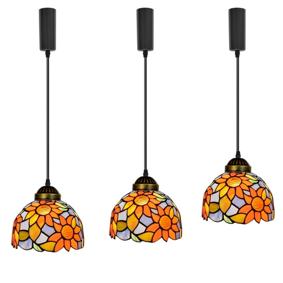 KAYYELAMP J-Type Track Colorful Glass Sunflowers Pattern Shade Handmade Tiffany Pendant Light 3.9Ft Adjusted Cord Antique Droplight For Kitchen Restaurant 3-Pack(No Bulb, Track)
